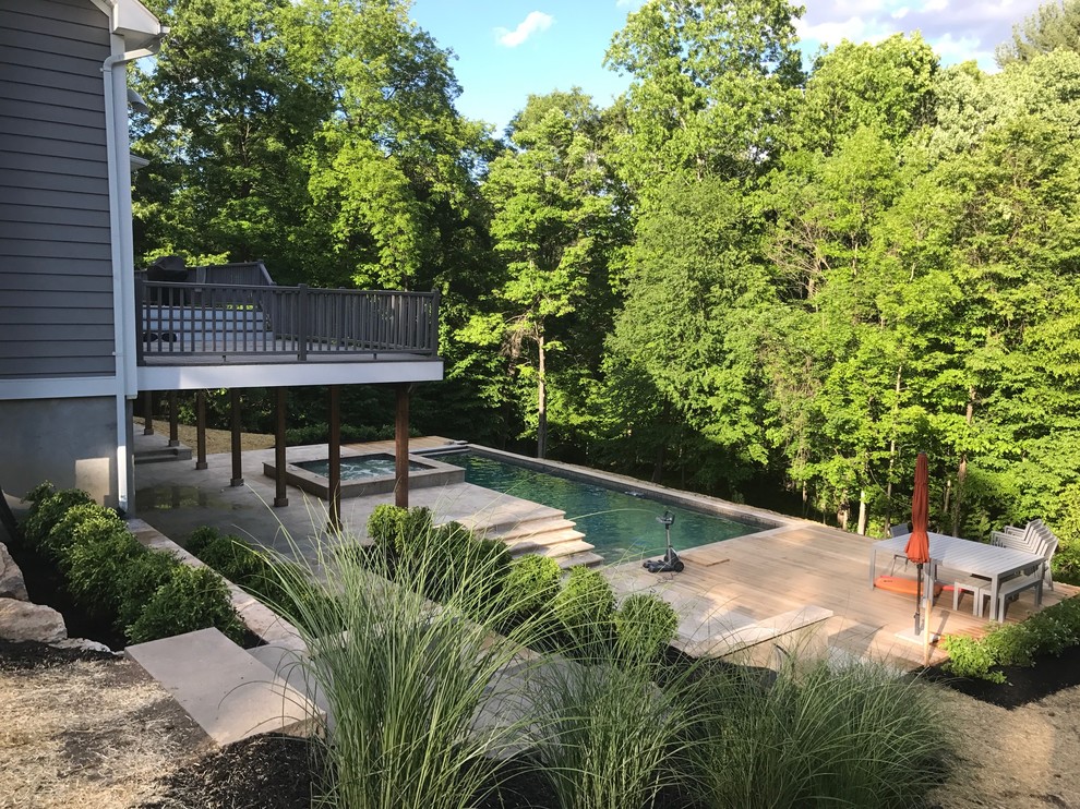 Modelo de piscinas y jacuzzis naturales minimalistas rectangulares en patio trasero con adoquines de piedra natural