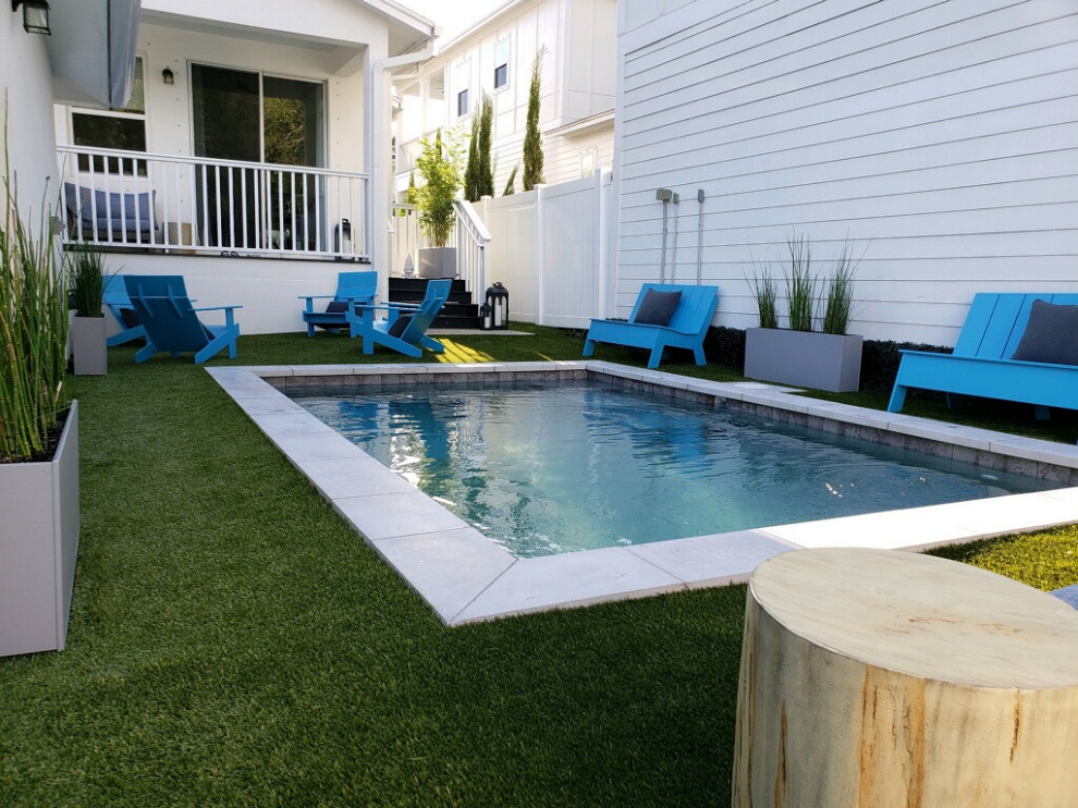 Diseño de piscina contemporánea pequeña rectangular en patio trasero