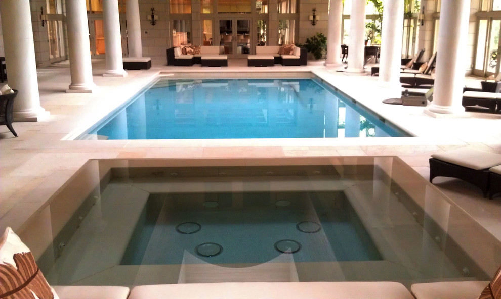 Classic indoor rectangular hot tub in New York.
