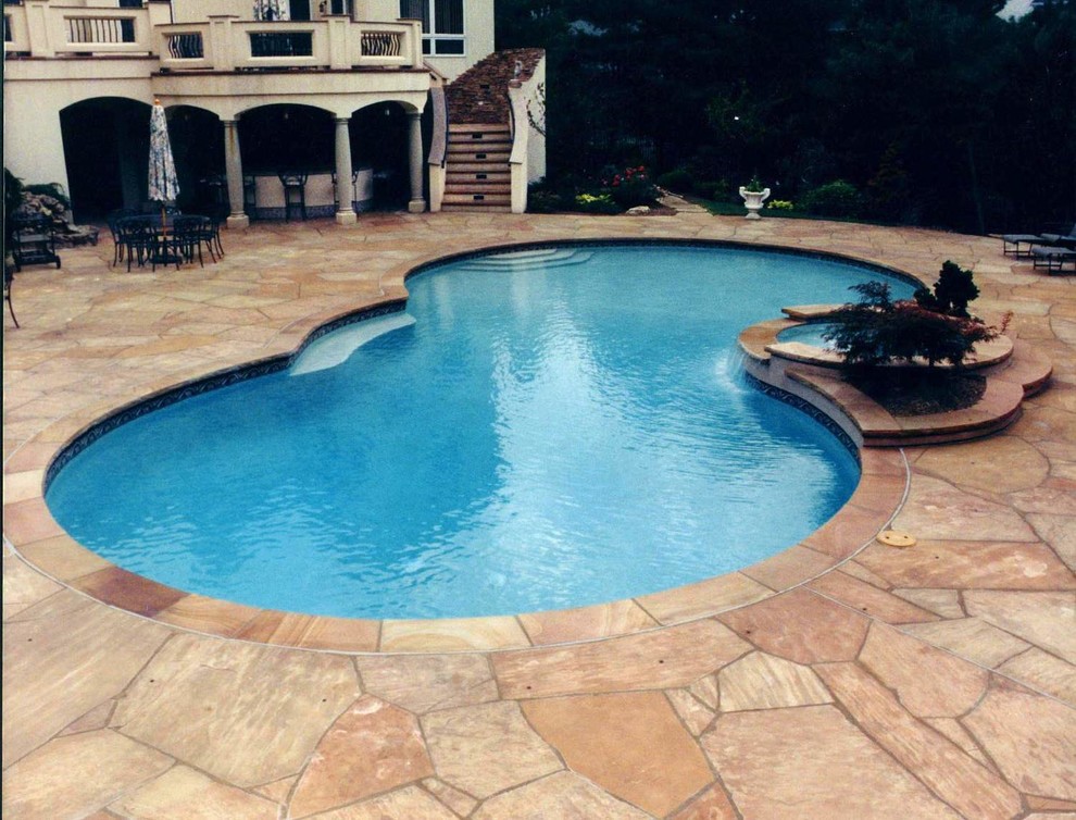 Свежая идея для дизайна: естественный бассейн в форме фасоли на заднем дворе в классическом стиле - отличное фото интерьера