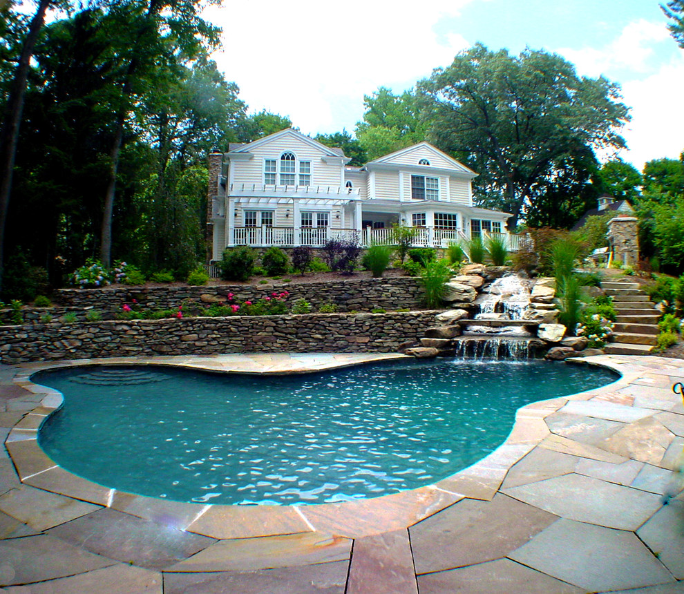 На фото: естественный бассейн среднего размера, произвольной формы на заднем дворе в классическом стиле с покрытием из каменной брусчатки
