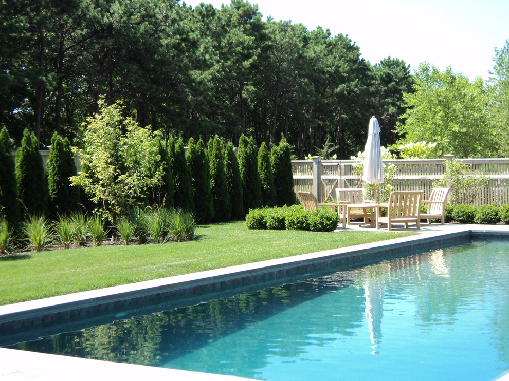 На фото: большой естественный, прямоугольный бассейн на заднем дворе в классическом стиле с покрытием из бетонных плит