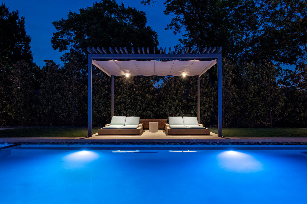 Modelo de piscina alargada minimalista rectangular en patio trasero
