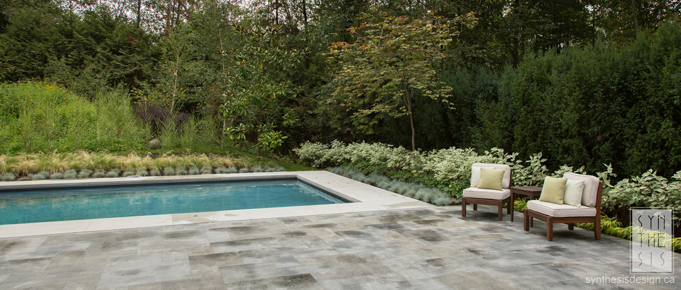 Cette photo montre une grande piscine naturelle et arrière tendance rectangle avec des pavés en pierre naturelle.