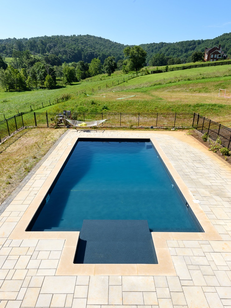 Ispirazione per una piscina monocorsia design personalizzata di medie dimensioni e dietro casa con pavimentazioni in cemento