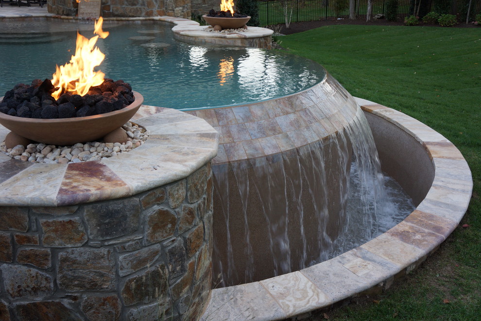 Inspiration for a large contemporary backyard stone and custom-shaped lap hot tub remodel in DC Metro