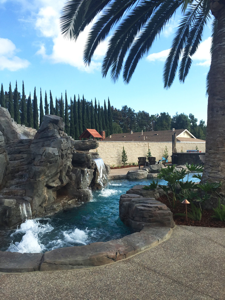 Inspiration for a large world-inspired back custom shaped natural swimming pool in Los Angeles with a water slide.