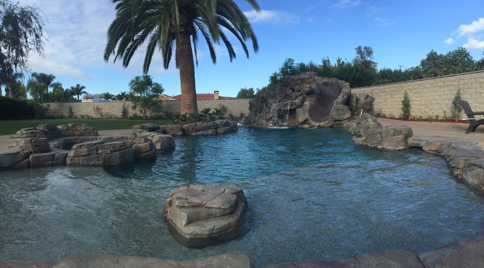 Cette photo montre une grande piscine naturelle et arrière exotique sur mesure avec un toboggan.