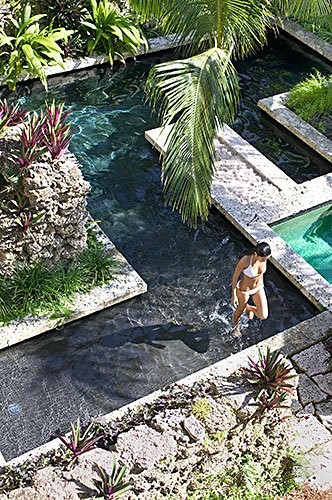 マイアミにある広いトロピカルスタイルのおしゃれなプール (天然石敷き) の写真