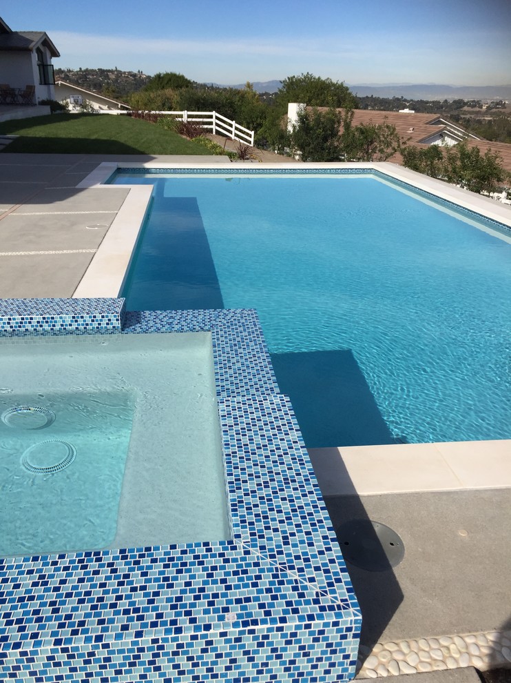Пример оригинального дизайна: большой спортивный, прямоугольный бассейн на заднем дворе в современном стиле с джакузи и покрытием из бетонных плит