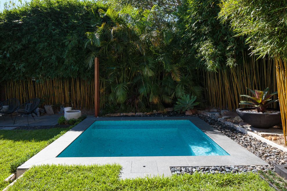 Foto de piscina minimalista pequeña rectangular en patio trasero con adoquines de hormigón