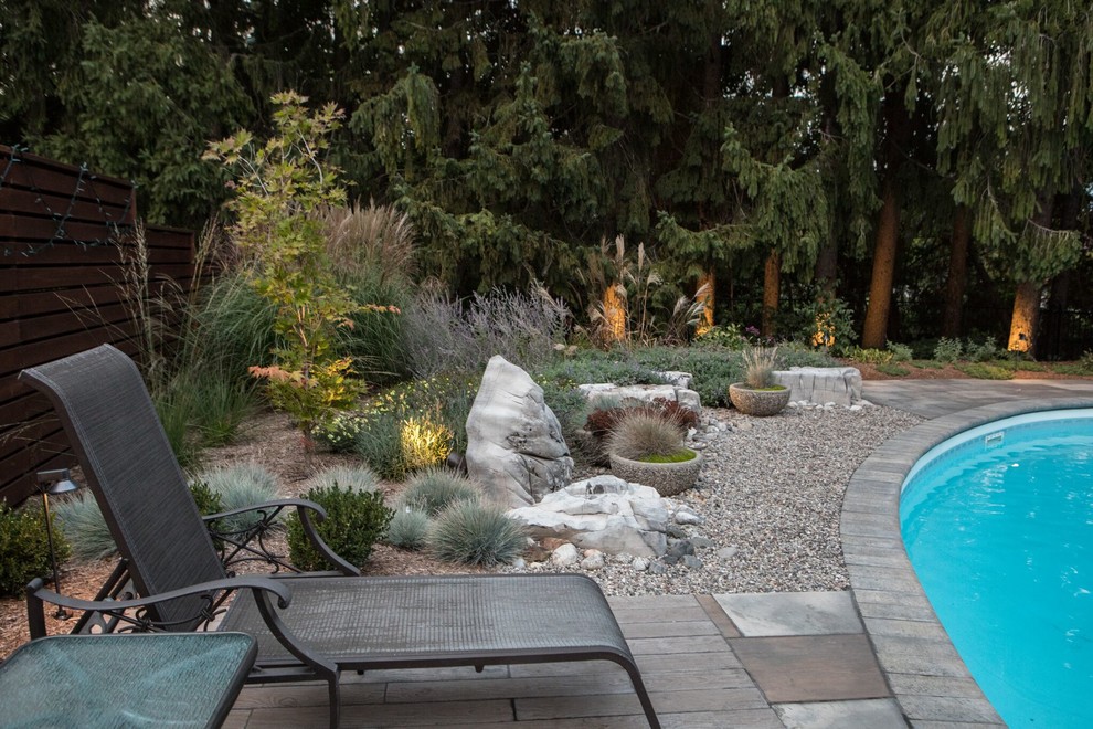 Стильный дизайн: естественный бассейн среднего размера, произвольной формы на заднем дворе в современном стиле с покрытием из каменной брусчатки - последний тренд