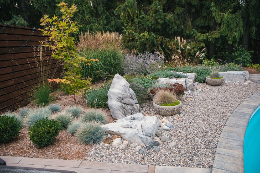 Inspiration for a mid-sized contemporary backyard stone and custom-shaped natural pool remodel in Ottawa