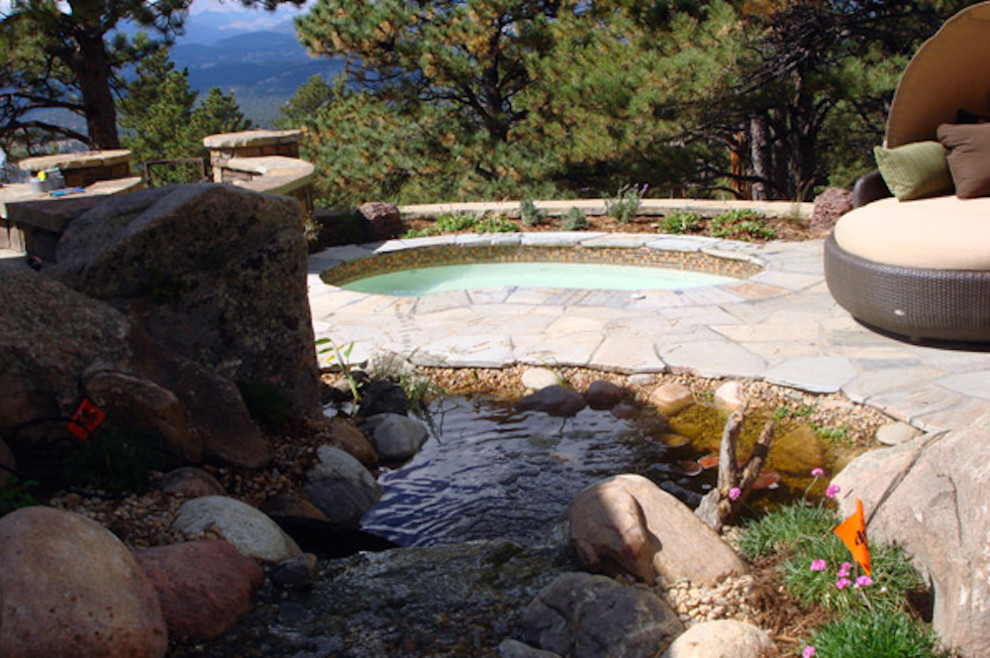 Imagen de piscinas y jacuzzis naturales tradicionales grandes tipo riñón en patio trasero con adoquines de piedra natural
