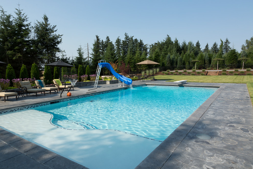 Imagen de piscina con tobogán alargada tradicional de tamaño medio rectangular en patio trasero con losas de hormigón