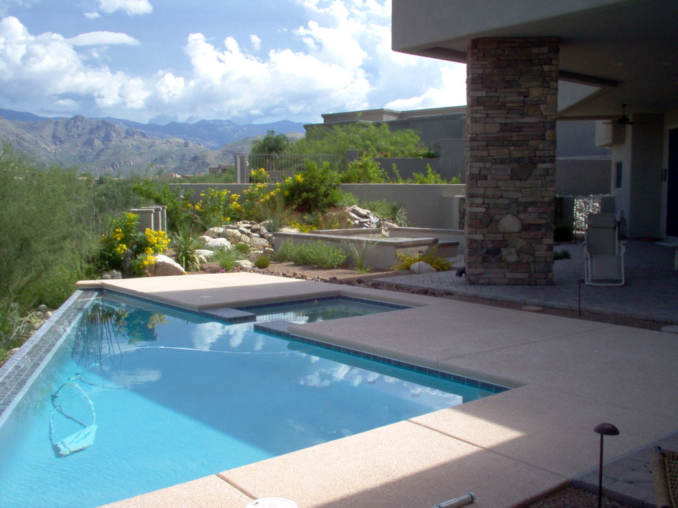 Ejemplo de piscinas y jacuzzis infinitos contemporáneos de tamaño medio a medida en patio trasero con adoquines de hormigón