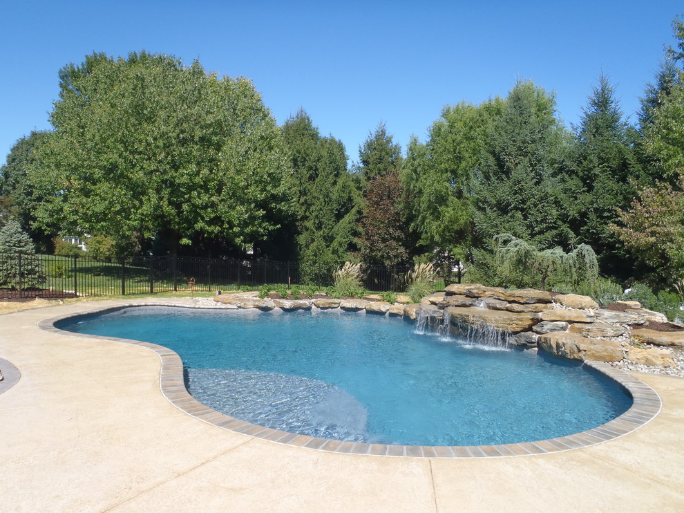 Elegant backyard custom-shaped natural pool photo in Philadelphia with decking
