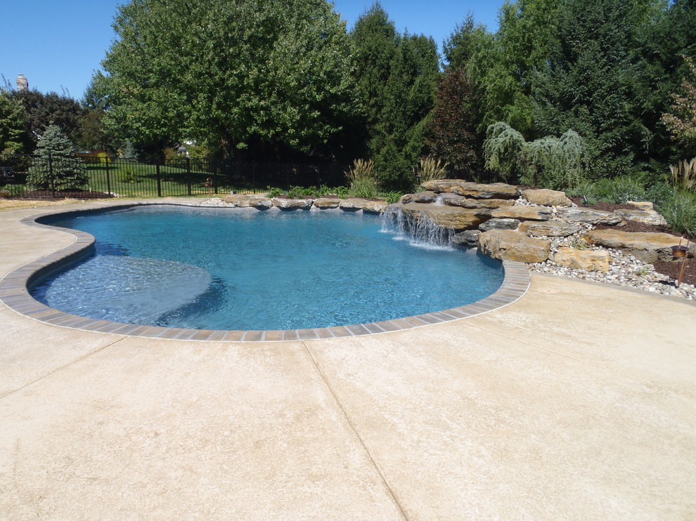 Design ideas for a traditional back custom shaped natural swimming pool in Philadelphia with decking.