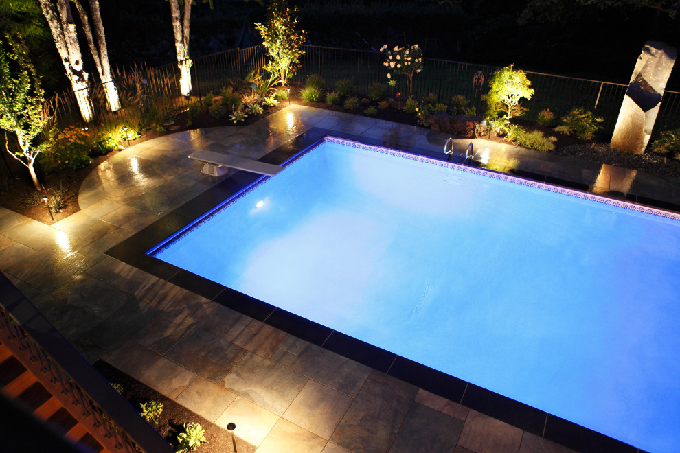 Ispirazione per una grande piscina monocorsia design rettangolare dietro casa con fontane e pavimentazioni in pietra naturale