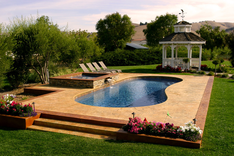 Imagen de piscinas y jacuzzis naturales clásicos grandes tipo riñón en patio trasero con suelo de hormigón estampado