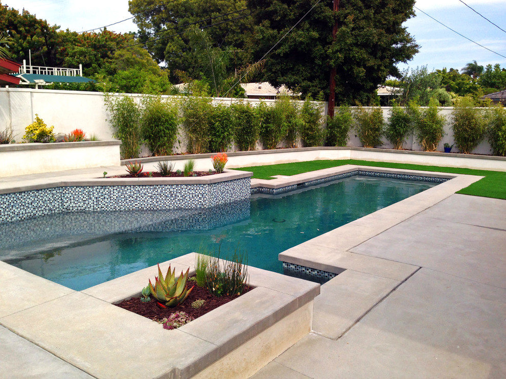 This is an example of a medium sized contemporary back rectangular swimming pool in Orange County with concrete paving.