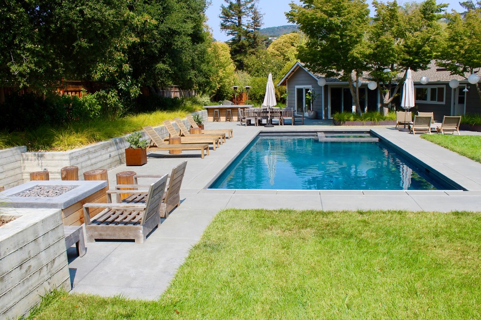 Ispirazione per una piscina monocorsia minimal rettangolare dietro casa con una vasca idromassaggio e lastre di cemento