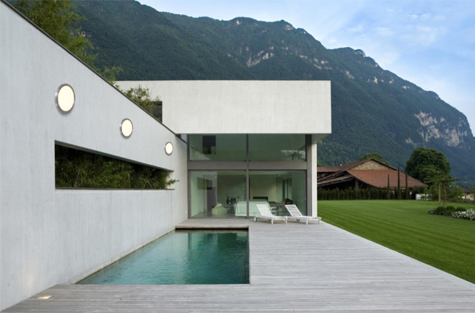 Esempio di un'ampia piscina naturale moderna rettangolare dietro casa con pedane