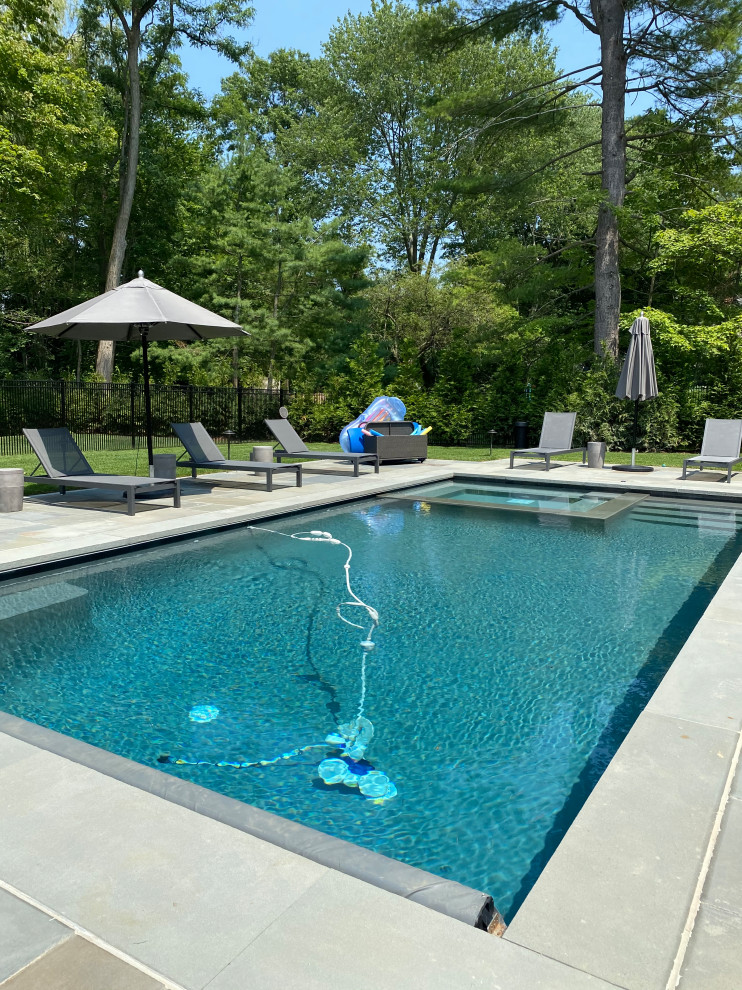 Cette photo montre un piscine avec aménagement paysager arrière tendance de taille moyenne.