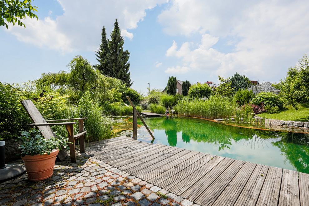 Inspiration for a large farmhouse custom shaped natural swimming pool in Stuttgart with decking.