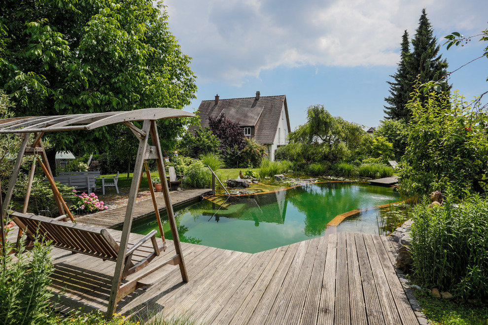 Modelo de piscina natural de estilo de casa de campo grande a medida en patio lateral con entablado