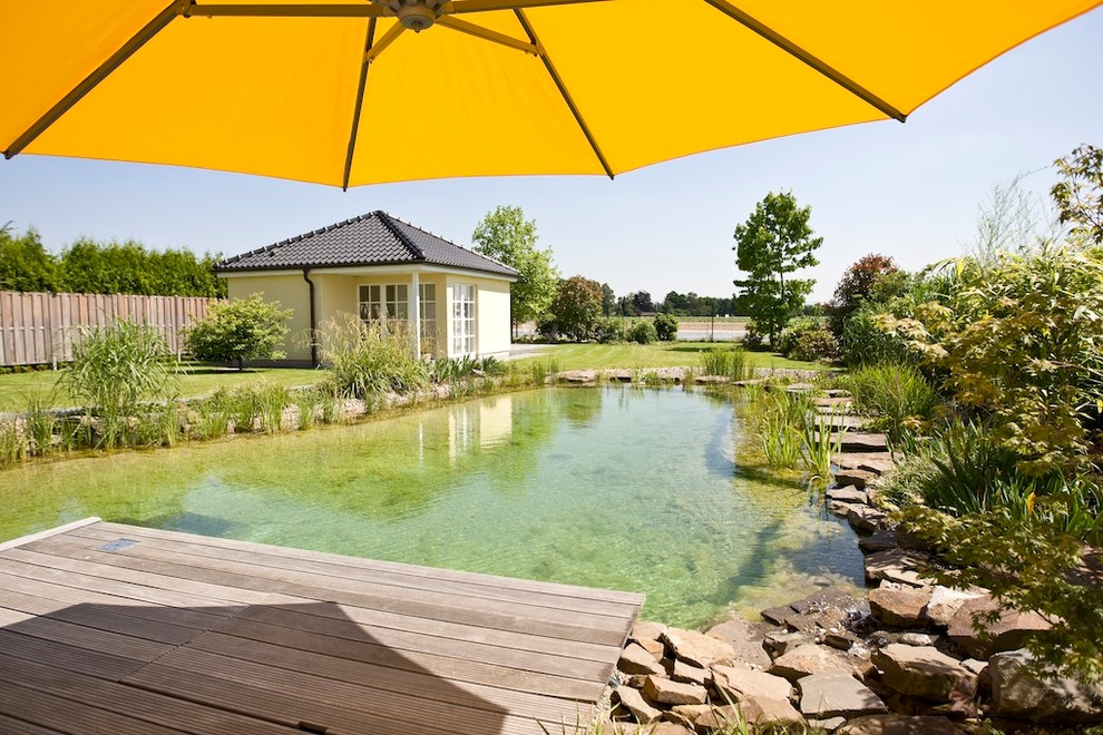 Идея дизайна: естественный бассейн среднего размера, произвольной формы на заднем дворе в современном стиле с домиком у бассейна и покрытием из каменной брусчатки
