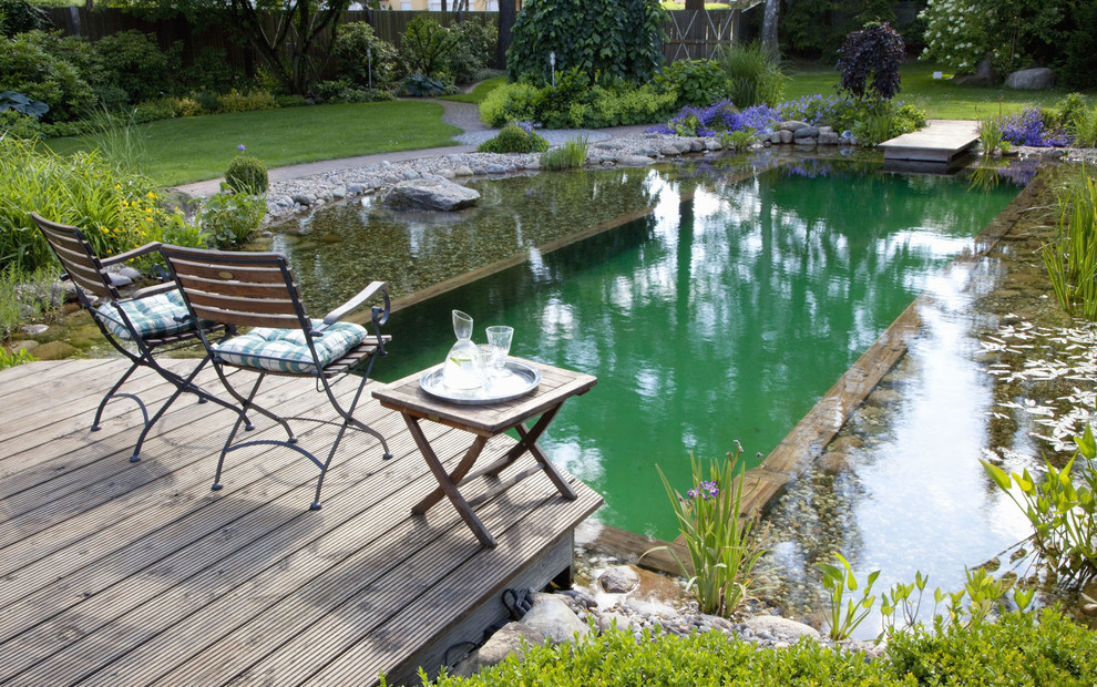 Diseño de piscina natural tradicional grande rectangular en patio trasero con entablado