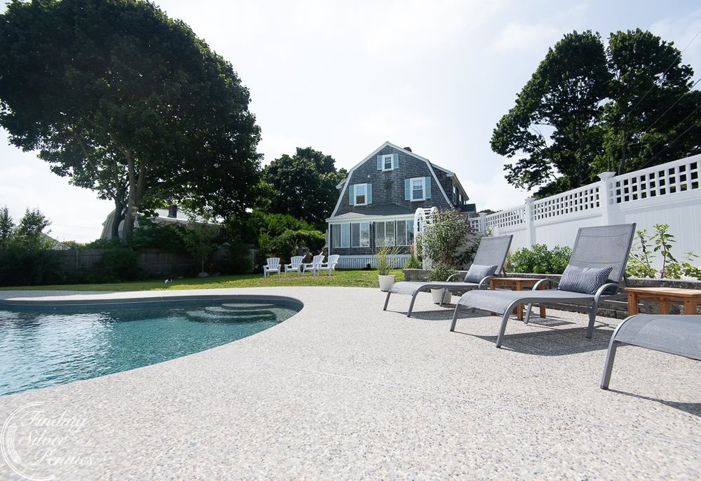 Стильный дизайн: естественный бассейн среднего размера, в форме фасоли на заднем дворе в стиле модернизм с покрытием из бетонных плит - последний тренд