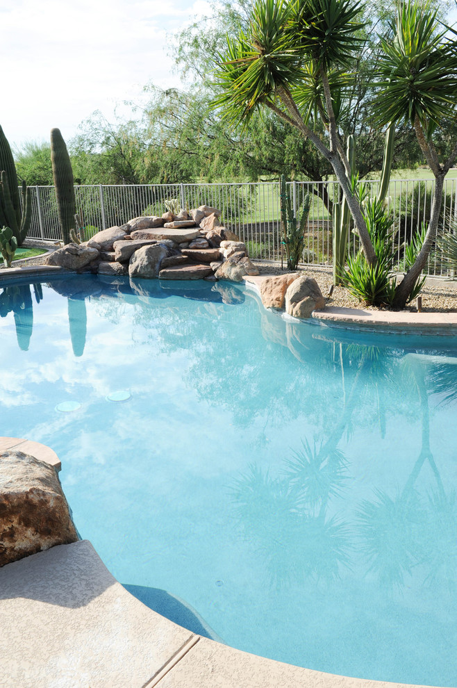 This is an example of a large traditional back custom shaped natural hot tub in Phoenix with natural stone paving.