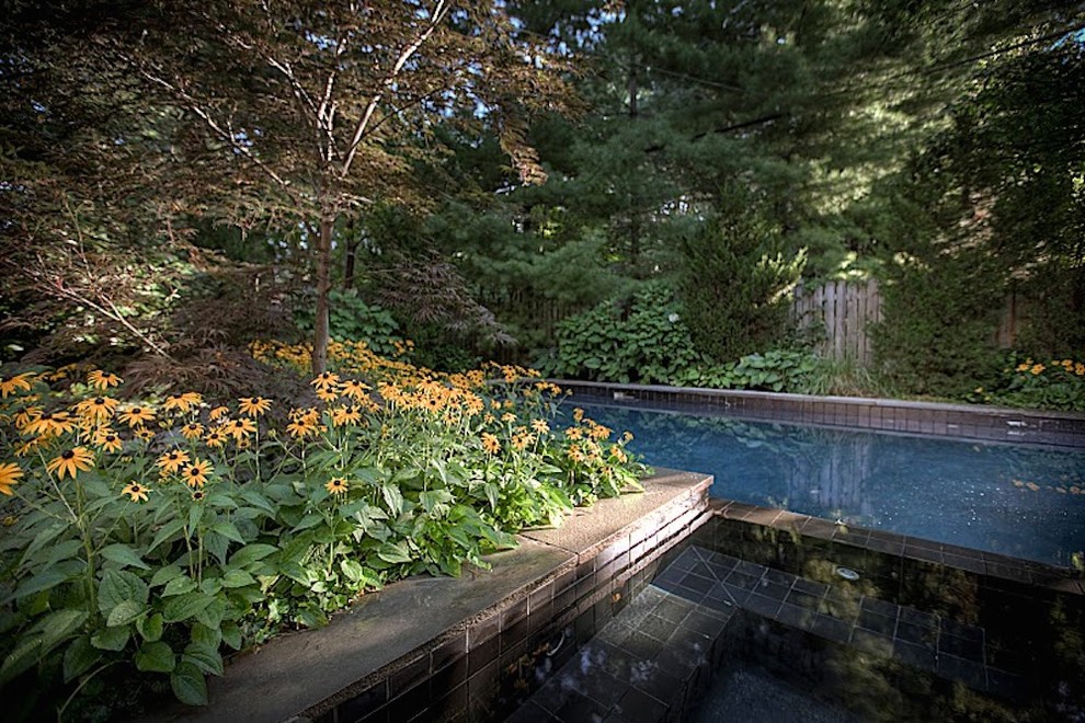 Diseño de casa de la piscina y piscina natural clásica renovada grande en forma de L en patio trasero con adoquines de piedra natural