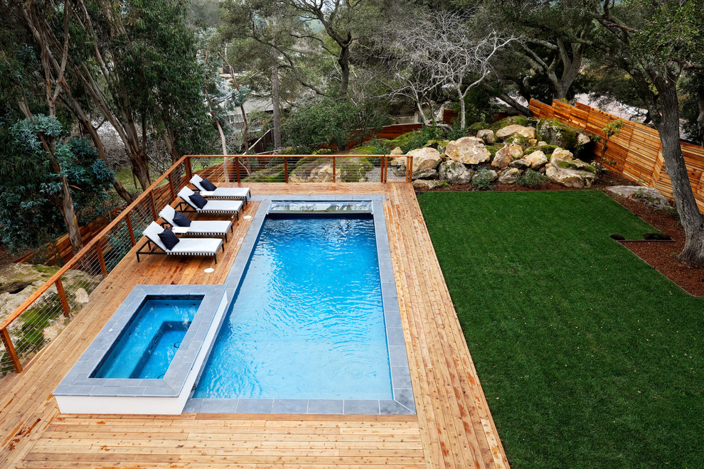 Immagine di una grande piscina moderna dietro casa con pedane