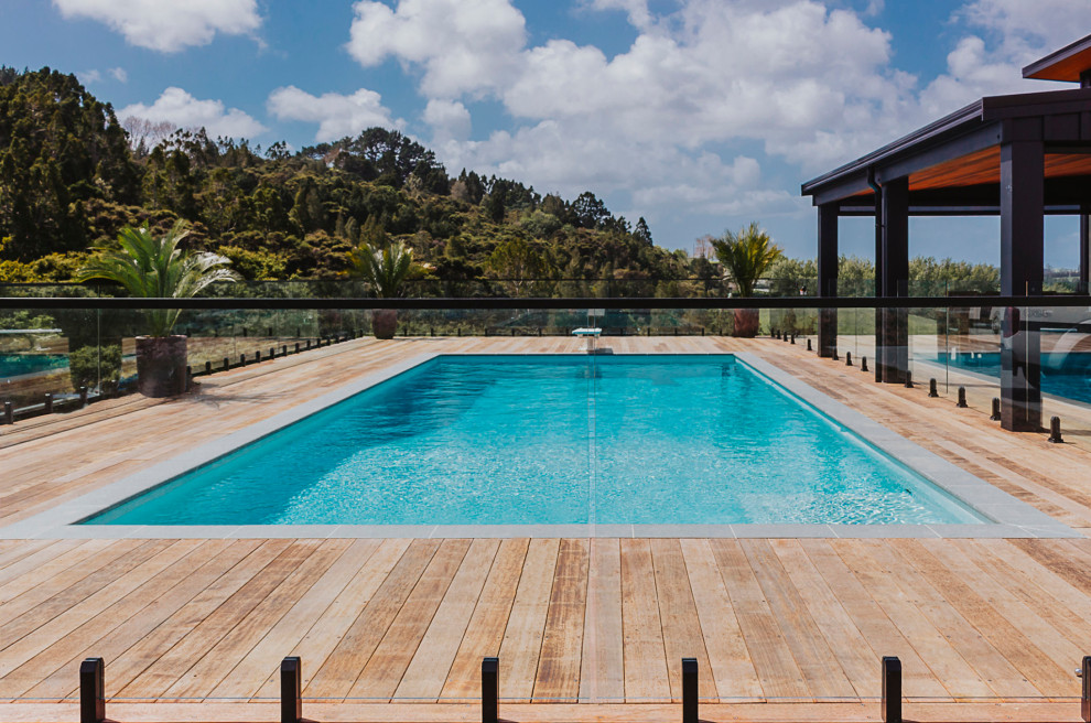 Foto di una grande piscina design rettangolare davanti casa con pavimentazioni in pietra naturale