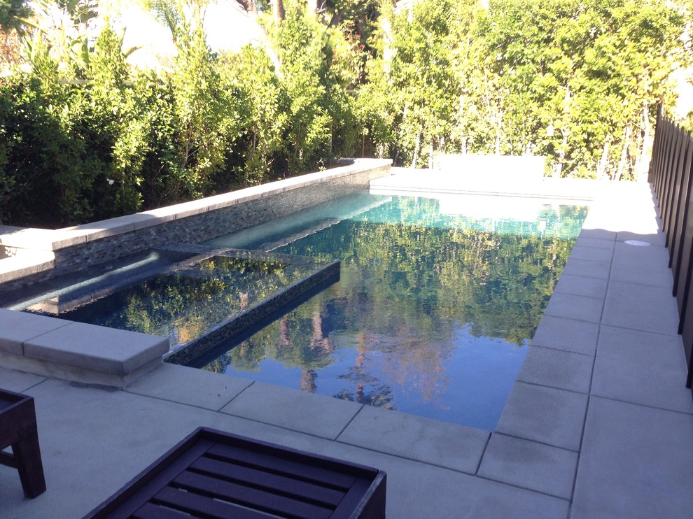 Esempio di una piscina moderna rettangolare di medie dimensioni e dietro casa con una vasca idromassaggio e pavimentazioni in cemento