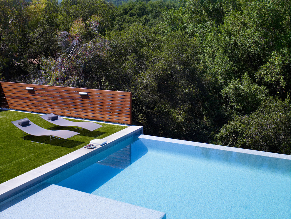 Modelo de piscina infinita minimalista grande rectangular en patio trasero