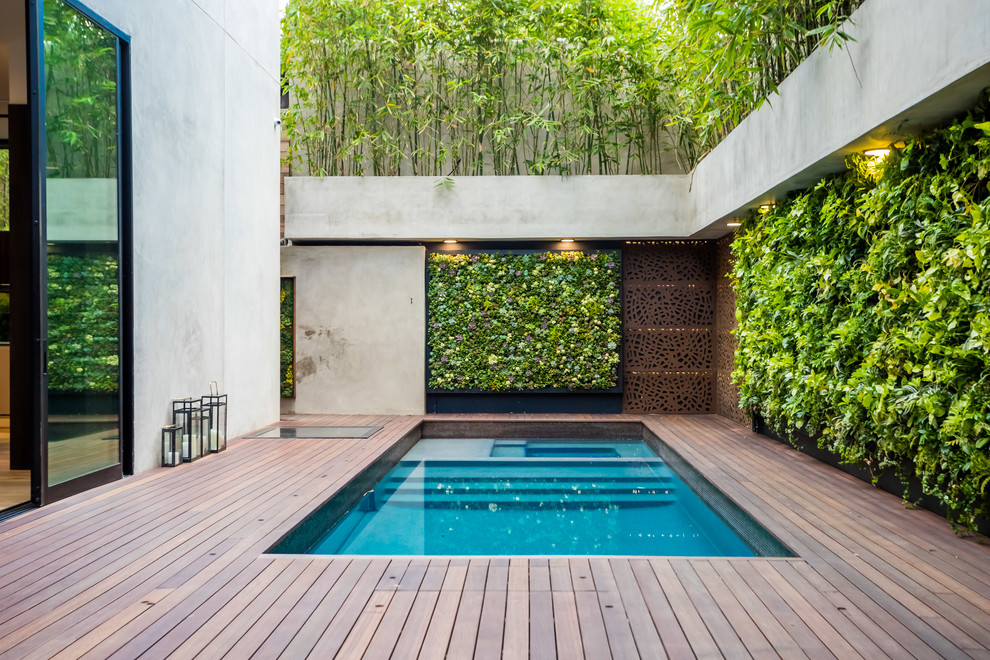 Inspiration pour une piscine design rectangle avec un bain bouillonnant, une cour et une terrasse en bois.