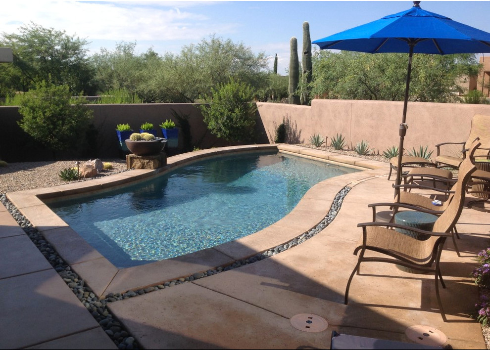 Imagen de piscina alargada clásica de tamaño medio a medida en patio trasero con adoquines de hormigón