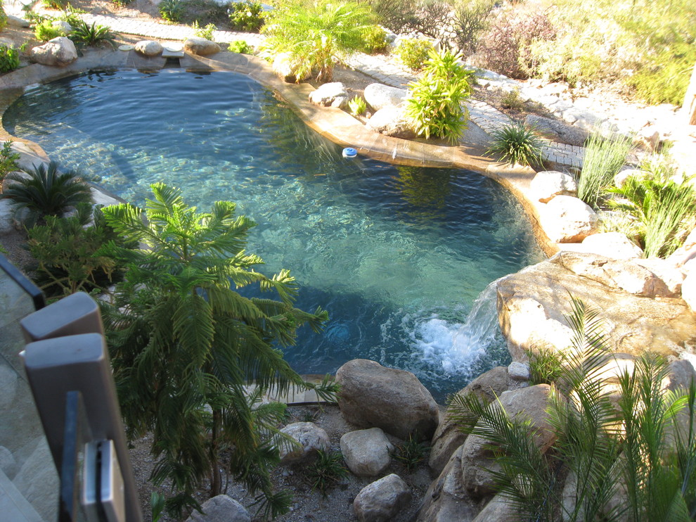 Diseño de piscina con fuente natural mediterránea de tamaño medio en patio trasero