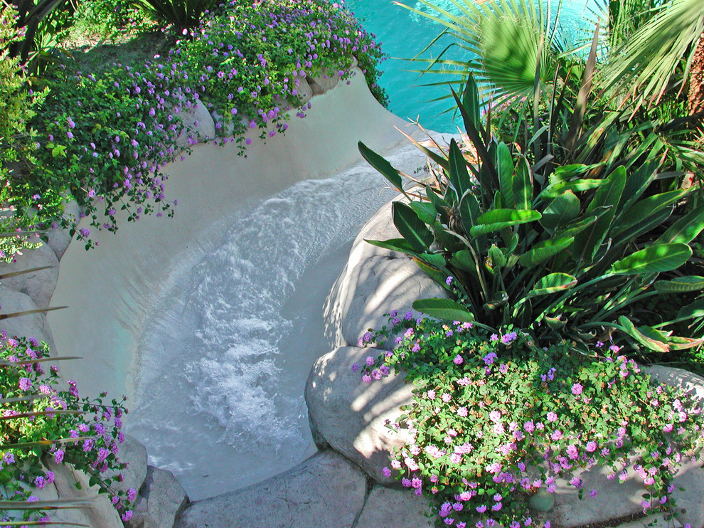 Immagine di una piscina tropicale con un acquascivolo