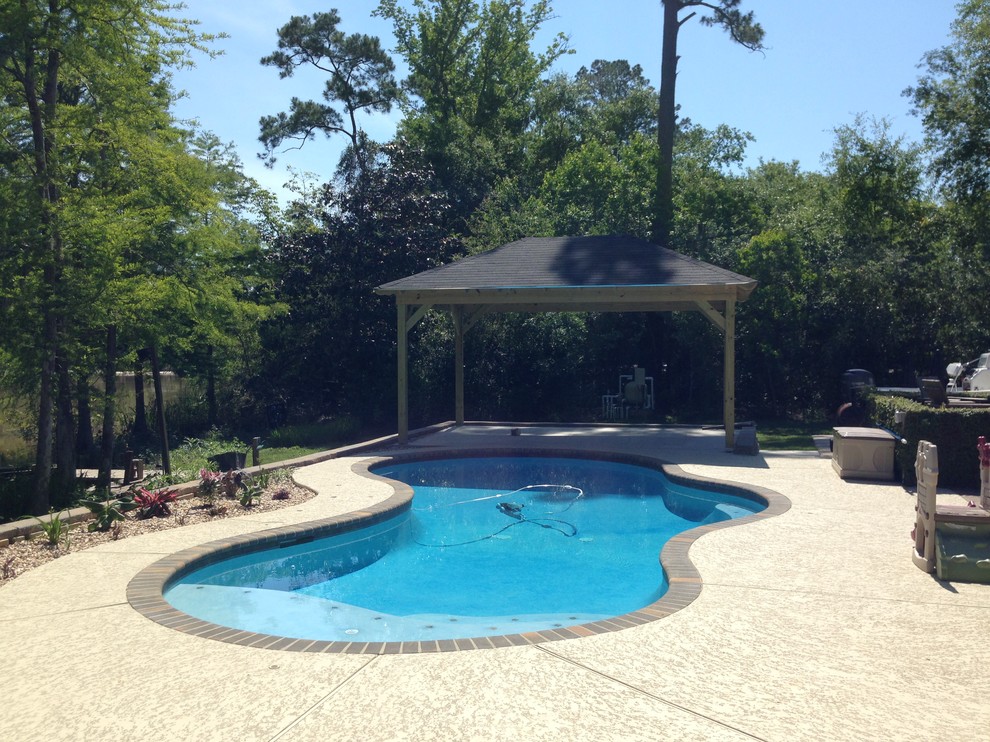 Ejemplo de piscina natural costera de tamaño medio a medida en patio trasero con losas de hormigón