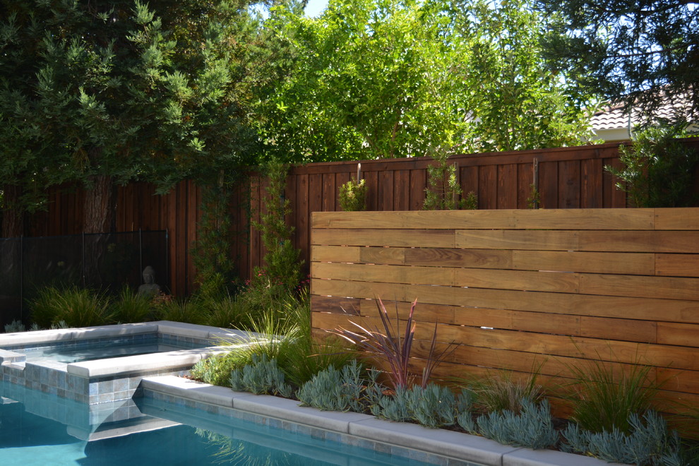 Immagine di una piccola piscina minimal personalizzata dietro casa con una vasca idromassaggio e pedane