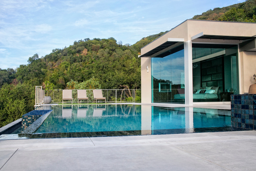 Источник вдохновения для домашнего уюта: большой прямоугольный бассейн-инфинити на заднем дворе в стиле модернизм с покрытием из плитки