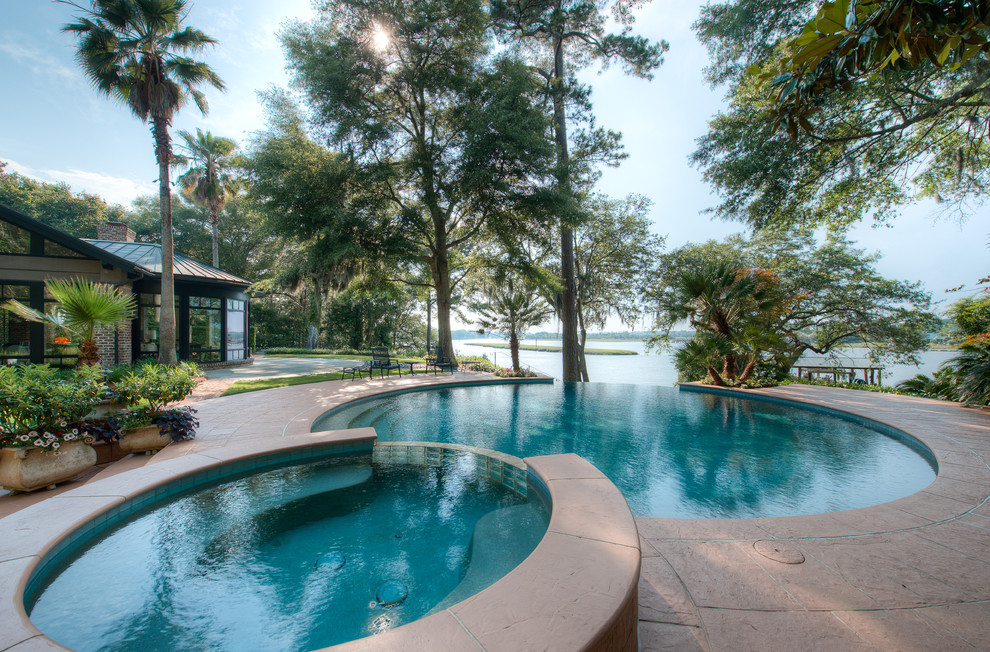 Inspiration for a contemporary round infinity pool remodel in Charleston
