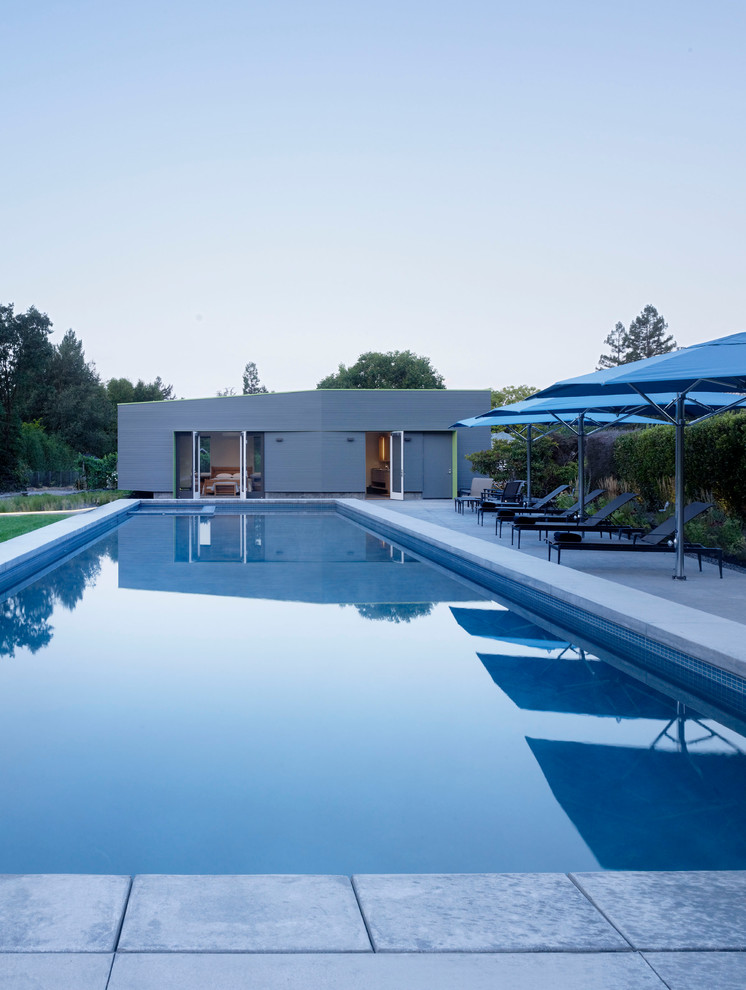 Foto di una piccola piscina monocorsia minimalista rettangolare davanti casa con una dépendance a bordo piscina e lastre di cemento
