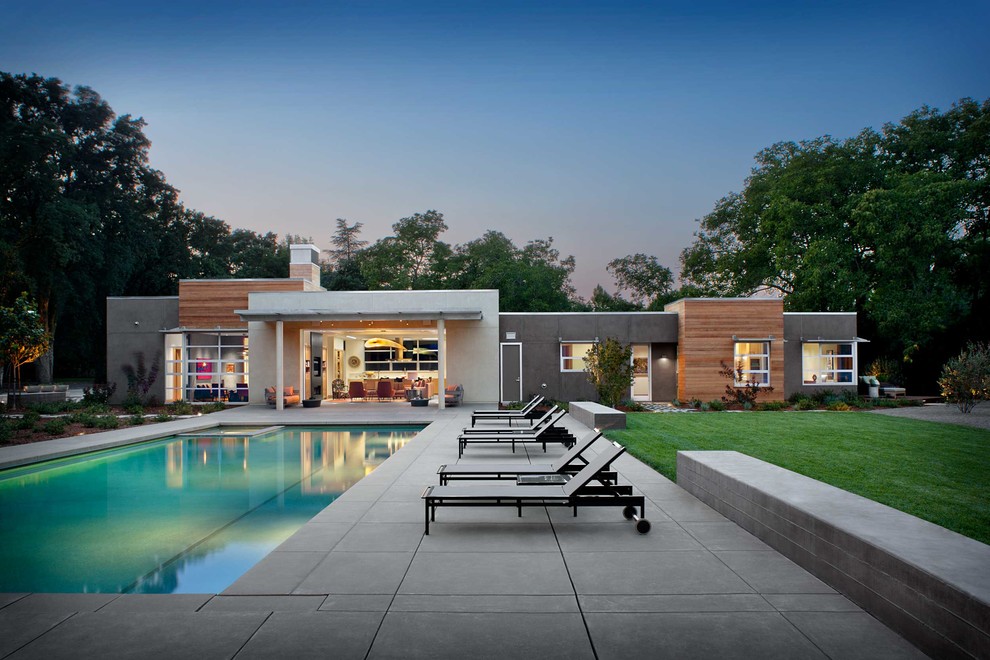 Ejemplo de piscinas y jacuzzis actuales rectangulares en patio trasero con losas de hormigón