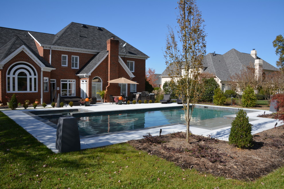 Immagine di una grande piscina monocorsia moderna rettangolare dietro casa con una vasca idromassaggio e lastre di cemento